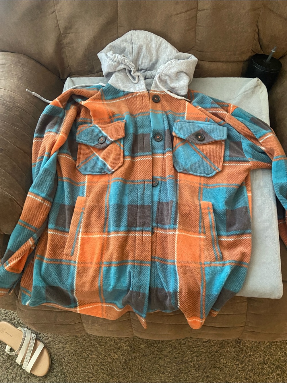 Kids Plaid Hooded Shacket Jacket - Orange & Blue